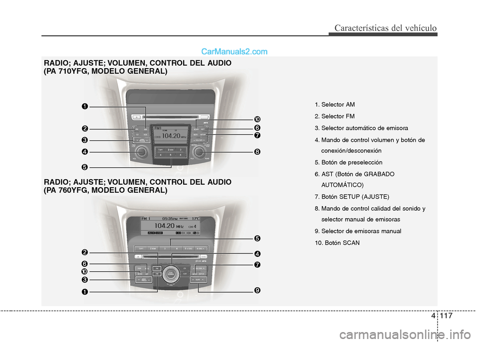 Hyundai Sonata 2011  Manual del propietario (in Spanish) 4117
Características del vehículo
RADIO; AJUSTE; VOLUMEN, CONTROL DEL AUDIO  
(PA 710YFG, MODELO GENERAL) 
RADIO; AJUSTE; VOLUMEN, CONTROL DEL AUDIO  
(PA 760YFG, MODELO GENERAL)1. Selector AM 
2. S