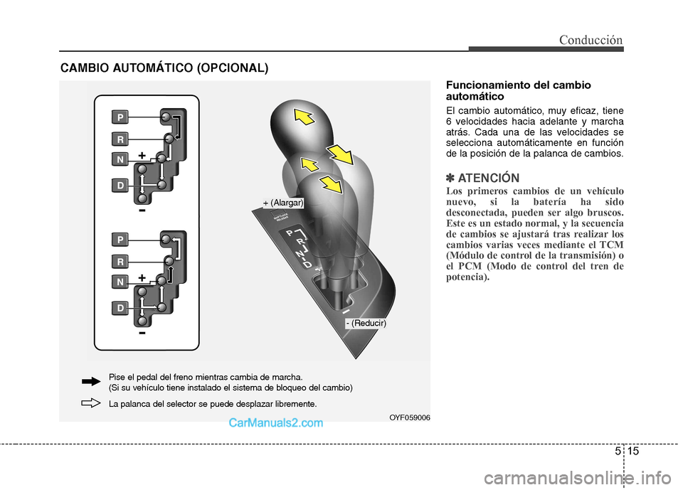 Hyundai Sonata 515
Conducción
Funcionamiento del cambio automático
El cambio automático, muy eficaz, tiene
6 velocidades hacia adelante y marcha
atrás. Cada una de las velocidades seselecciona automáticamente Hyundai Sonata 515
Conducción
Funcionamiento del cambio automático
El cambio automático, muy eficaz, tiene
6 velocidades hacia adelante y marcha
atrás. Cada una de las velocidades seselecciona automáticamente