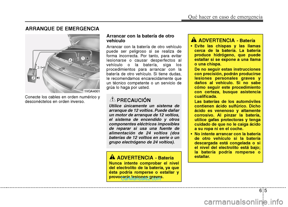 Hyundai Sonata 65
Qué hacer en caso de emergencia
ARRANQUE DE EMERGENCIA
Conecte los cables en orden numérico y
desconéctelos en orden inverso. Arrancar con la batería de otro vehículo
Arrancar con la baterí Hyundai Sonata 65
Qué hacer en caso de emergencia
ARRANQUE DE EMERGENCIA
Conecte los cables en orden numérico y
desconéctelos en orden inverso. Arrancar con la batería de otro vehículo
Arrancar con la baterí