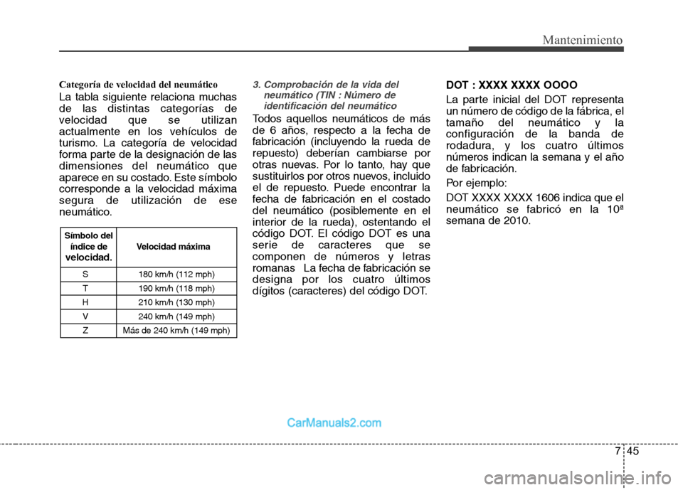 Hyundai Sonata 745
Mantenimiento
Categoría de velocidad del neumático
La tabla siguiente relaciona muchas de las distintas categorías de
velocidad que se utilizan
actualmente en los vehículos de
turismo. La cat Hyundai Sonata 745
Mantenimiento
Categoría de velocidad del neumático
La tabla siguiente relaciona muchas de las distintas categorías de
velocidad que se utilizan
actualmente en los vehículos de
turismo. La cat