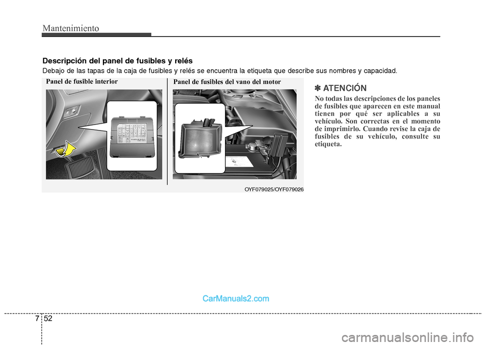 Hyundai Sonata 2011  Manual del propietario (in Spanish) Mantenimiento
52
7
✽✽   
ATENCIÓN
No todas las descripciones de los paneles 
de fusibles que aparecen en este manual
tienen por qué ser aplicables a su
vehículo. Son correctas en el momento
de 
