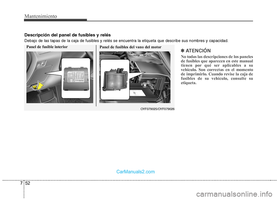 Hyundai Sonata Mantenimiento
52
7
✽✽
ATENCIÓN
No todas las descripciones de los paneles
de fusibles que aparecen en este manual
tienen por qué ser aplicables a su
vehículo. Son correctas en el momento
de Hyundai Sonata Mantenimiento
52
7
✽✽
ATENCIÓN
No todas las descripciones de los paneles
de fusibles que aparecen en este manual
tienen por qué ser aplicables a su
vehículo. Son correctas en el momento
de