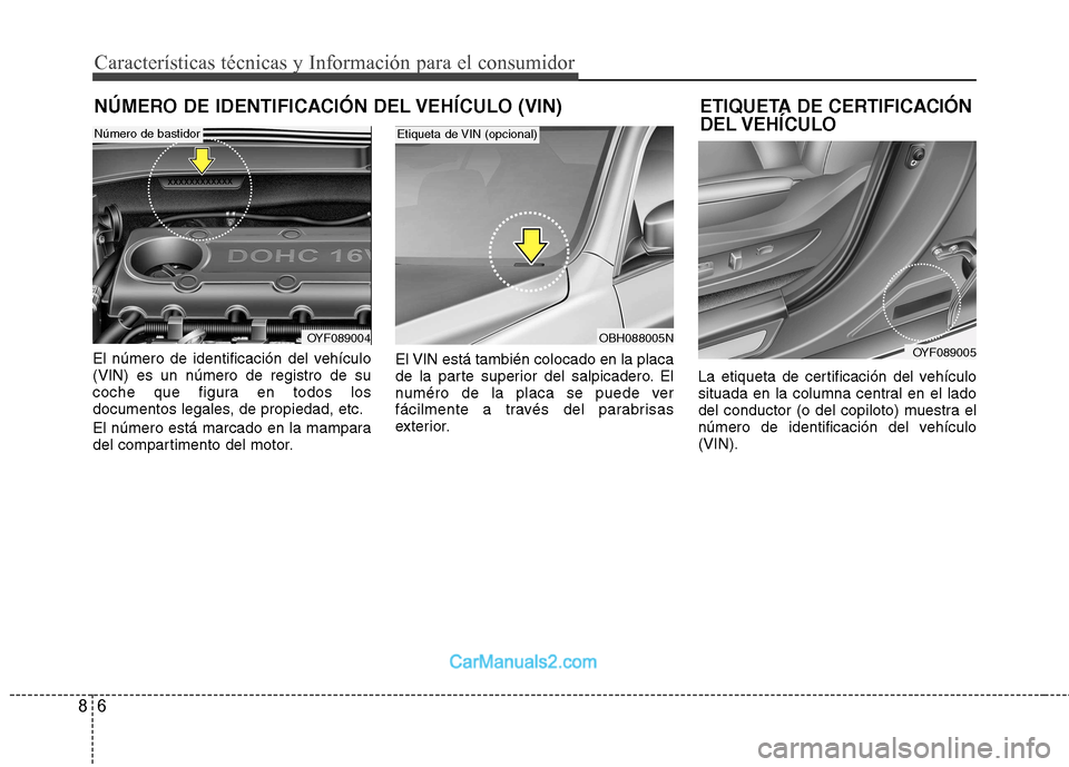 Hyundai Sonata 6
8
Características técnicas y Información para el consumidor
El número de identificación del vehículo (VIN) es un número de registro de su
coche que figura en todos los
documentos legales, de Hyundai Sonata 6
8
Características técnicas y Información para el consumidor
El número de identificación del vehículo (VIN) es un número de registro de su
coche que figura en todos los
documentos legales, de