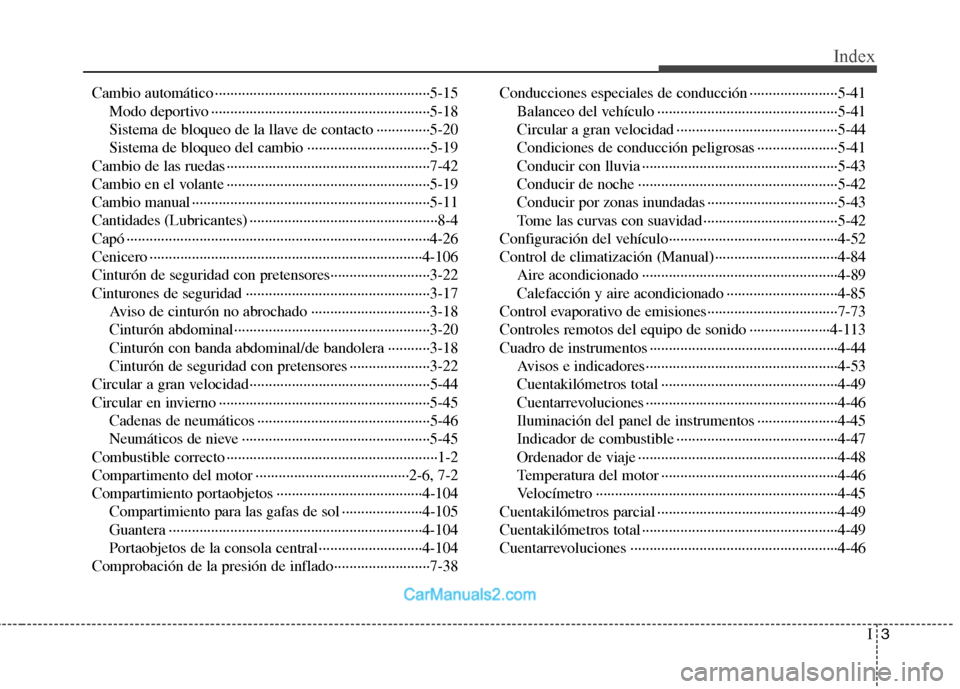 Hyundai Sonata 2011  Manual del propietario (in Spanish) I3
Index
Cambio automático ························································5-15
Modo deportivo ····················