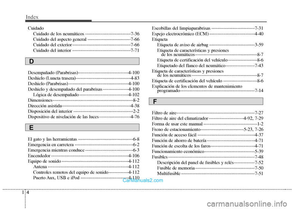 Hyundai Sonata 2011  Manual del propietario (in Spanish) Index
4
I
Cuidado
Cuidado de los neumáticos ·······································7-36 
Cuidado del aspecto general ·····················�