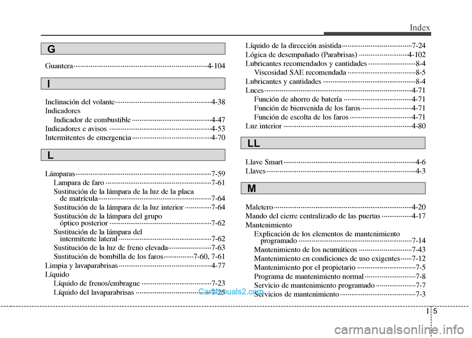 Hyundai Sonata 2011  Manual del propietario (in Spanish) I5
Index
Guantera ·······································································4-104 
Inclinación del volante····�
