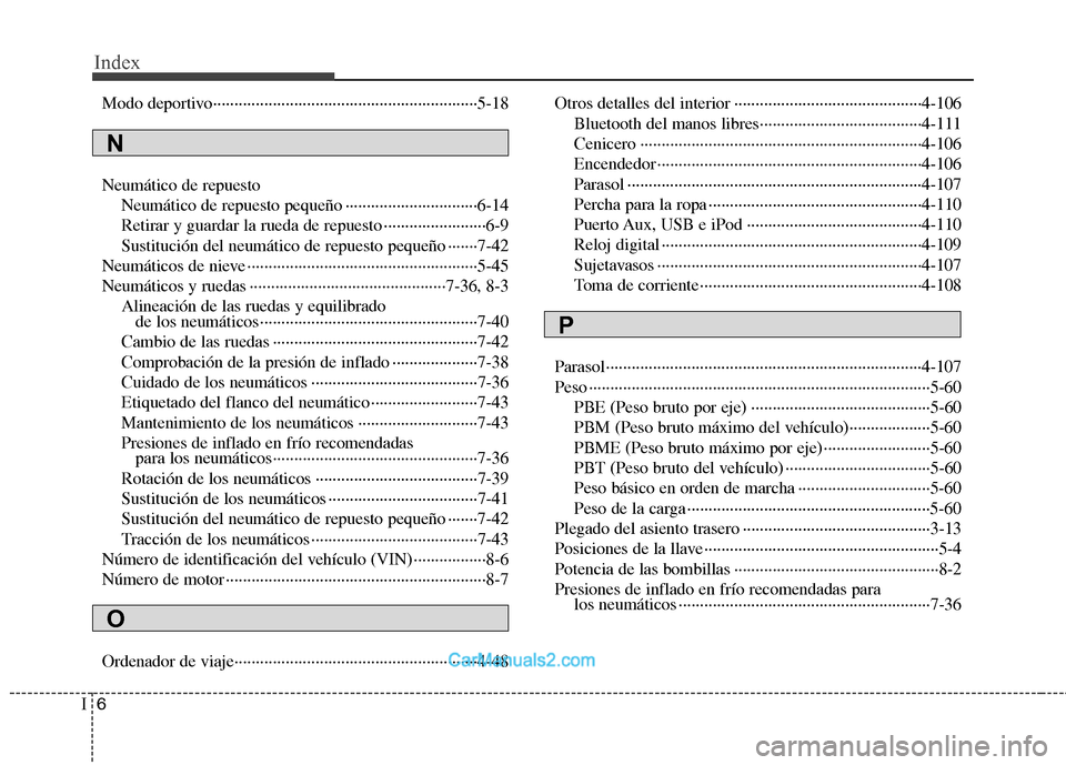 Hyundai Sonata 2011  Manual del propietario (in Spanish) Index
6
I
Modo deportivo······························································5-18 Neumático de repuesto
Neumático de repuesto p