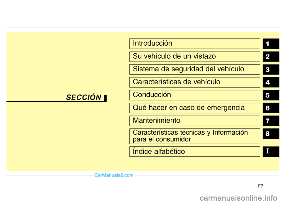 Hyundai Sonata F7
1 2 3 4 5 6 78Introducción
Su vehículo de un vistazo
Sistema de seguridad del vehículo
Características de vehículo
Conducción
Qué hacer en caso de emergencia
Mantenimiento
Características t