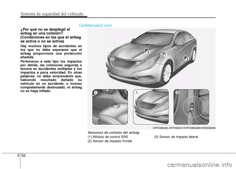 Hyundai Sonata 2011  Manual del propietario (in Spanish) Sistema de seguridad del vehículo
52
3
¿Por qué no se desplegó el 
airbag en una colisión?
(Condiciones en las que el airbag
se activa o no se activa) 
Hay muchos tipos de accidentes en 
los que 