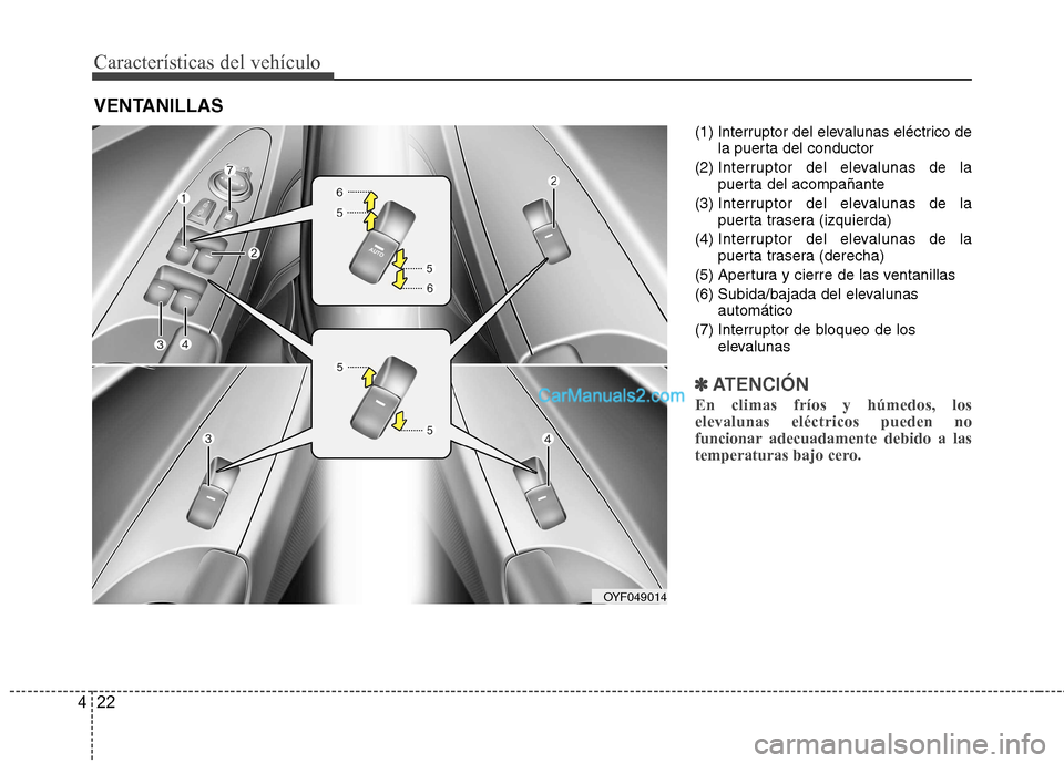 Hyundai Sonata Características del vehículo
22
4
(1) Interruptor del elevalunas eléctrico de
la puerta del conductor
(2) Interruptor del elevalunas de la
puerta del acompañante
(3) Interruptor del elevalunas Hyundai Sonata Características del vehículo
22
4
(1) Interruptor del elevalunas eléctrico de
la puerta del conductor
(2) Interruptor del elevalunas de la
puerta del acompañante
(3) Interruptor del elevalunas