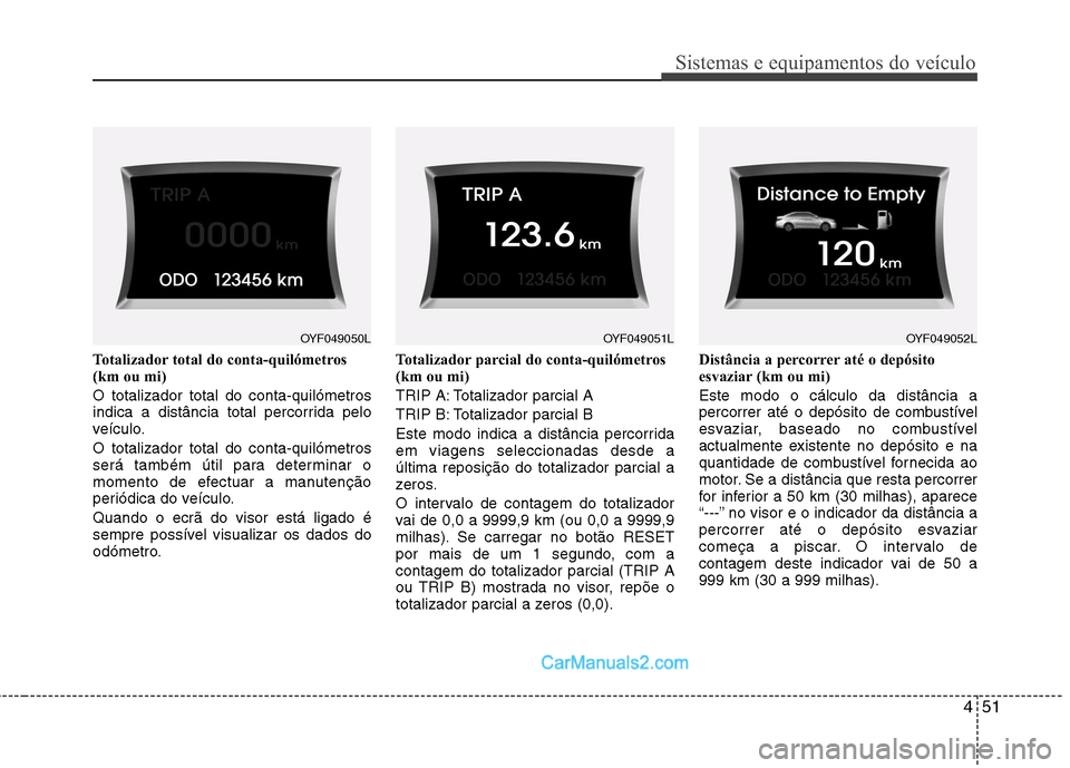 Hyundai Sonata 451
Sistemas e equipamentos do veículo
Totalizador total do conta-quilómetros
(km ou mi) O totalizador total do conta-quilómetros
indica a distância total percorrida pelo
veículo. O totalizador Hyundai Sonata 451
Sistemas e equipamentos do veículo
Totalizador total do conta-quilómetros
(km ou mi) O totalizador total do conta-quilómetros
indica a distância total percorrida pelo
veículo. O totalizador