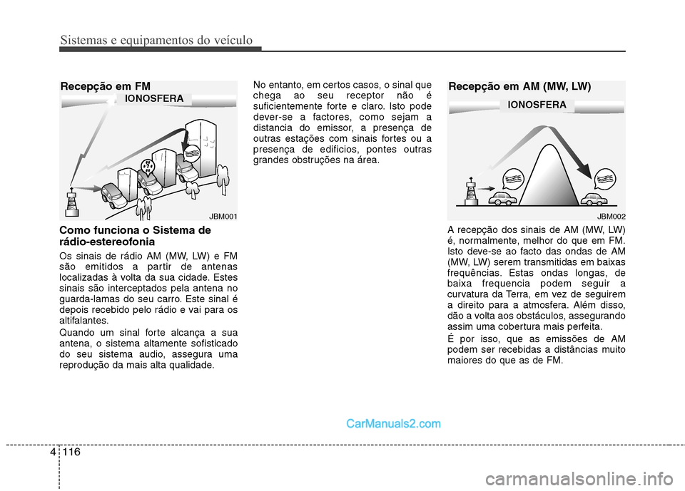 Hyundai Sonata 2011  Manual do proprietário (in Portuguese) Sistemas e equipamentos do veículo
116
4
Como funciona o Sistema de 
rádio-estereofonia 
Os sinais de rádio AM (MW, LW) e FM 
são emitidos a partir de antenas
localizadas à volta da sua cidade. E