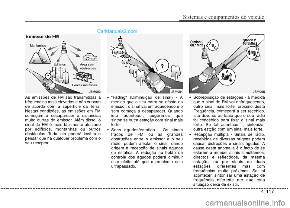 Hyundai Sonata 2011  Manual do proprietário (in Portuguese) 4117
Sistemas e equipamentos do veículo
As emissões de FM são transmitidas a 
frêquencias mais elevadas e não curvam
de acordo com a superfície da Terra.
Nestas condições, as emissões em FMco