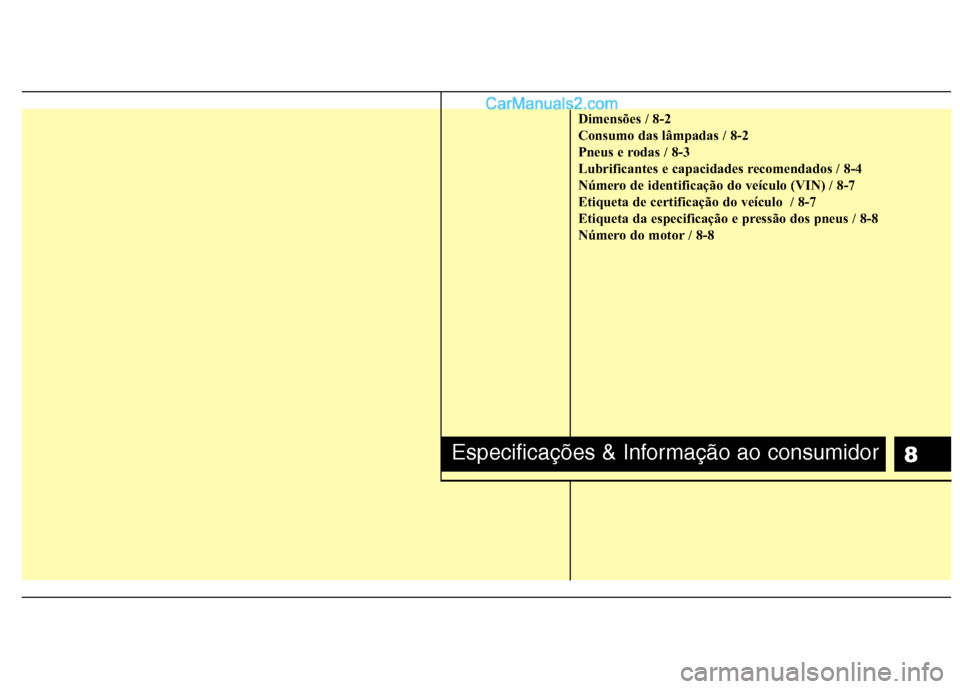 Hyundai Sonata 8
Dimensões / 8-2
Consumo das lâmpadas / 8-2
Pneus e rodas / 8-3
Lubrificantes e capacidades recomendados / 8-4
Número de identificação do veículo (VIN) / 8-7
Etiqueta de certificação do veí Hyundai Sonata 8
Dimensões / 8-2
Consumo das lâmpadas / 8-2
Pneus e rodas / 8-3
Lubrificantes e capacidades recomendados / 8-4
Número de identificação do veículo (VIN) / 8-7
Etiqueta de certificação do veí