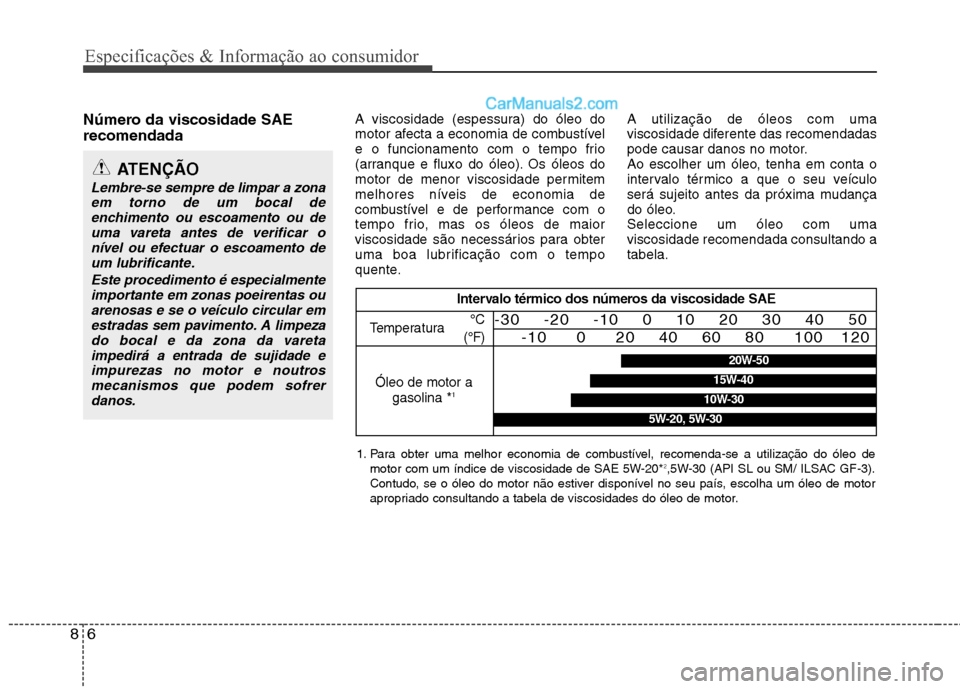 Hyundai Sonata 2011  Manual do proprietário (in Portuguese) Especificações & Informação ao consumidor
6
8
Número da viscosidade SAE recomendada   A viscosidade (espessura) do óleo do 
motor afecta a economia de combustível
e o funcionamento com o tempo 
