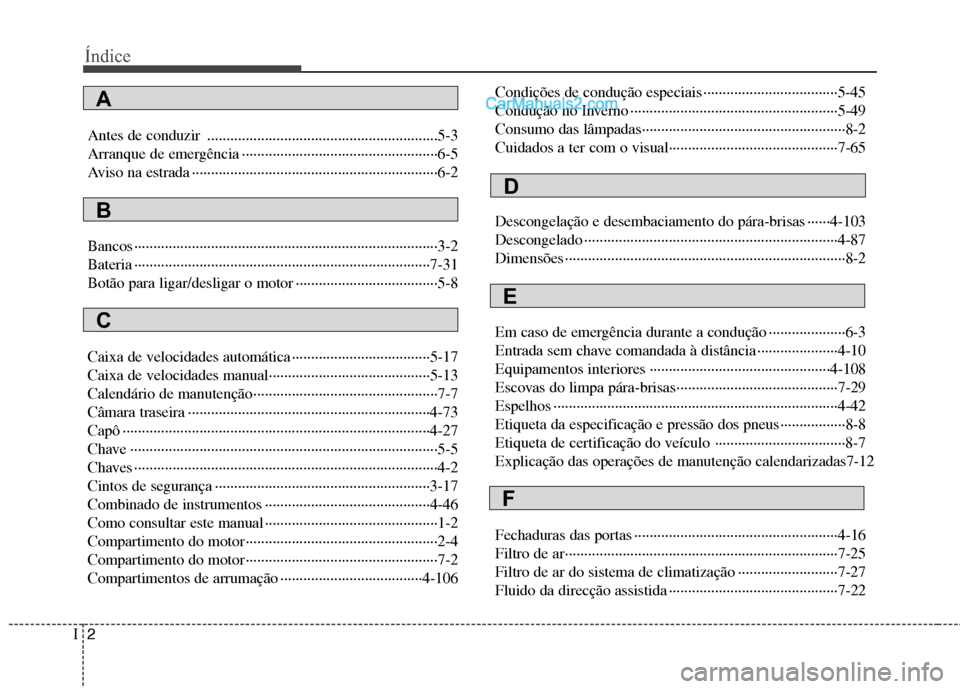 Hyundai Sonata 2011  Manual do proprietário (in Portuguese) Índice
2
I
Antes de conduzir ............................................................5-3 
Arranque de emergência ········································�