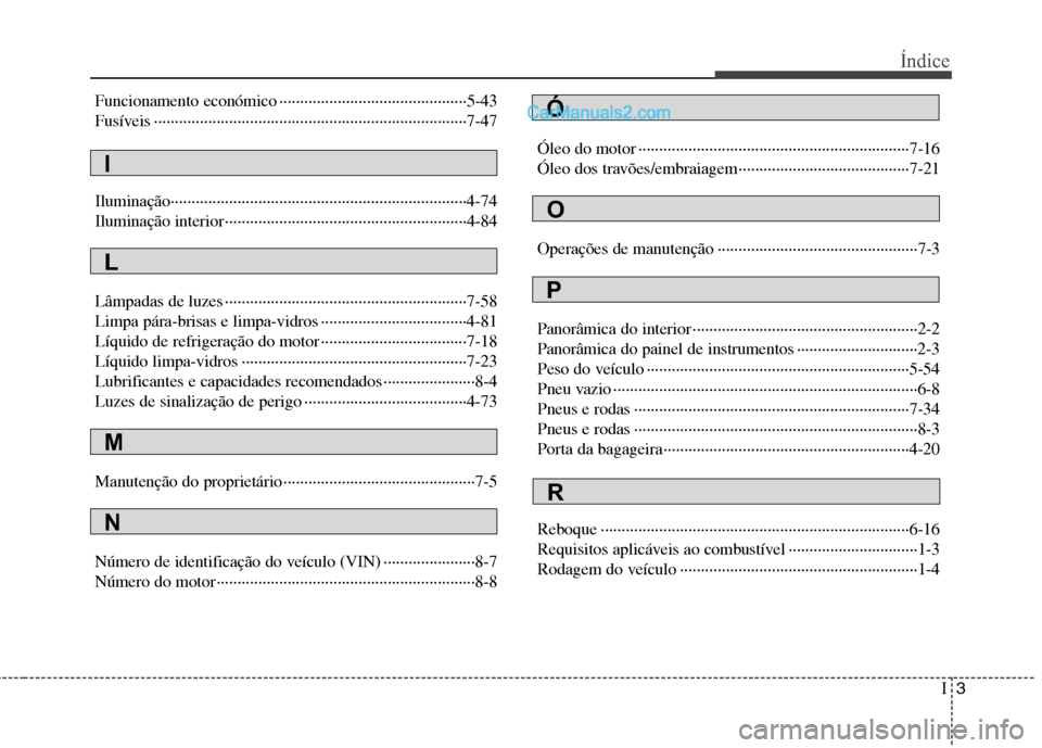 Hyundai Sonata 2011  Manual do proprietário (in Portuguese) I3
Índice
Funcionamento económico ·············································5-43 
Fusíveis ·····························