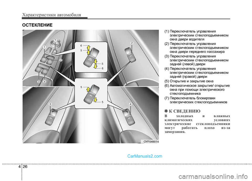 Hyundai Sonata 2011 Инструкция по эксплуатации (in Russian) Характеристики автомобиля
26
4
(1) Переключатель управления
электрическим стеклоподъемником
окна двери водит Hyundai Sonata 2011 Инструкция по эксплуатации (in Russian) Характеристики автомобиля
26
4
(1) Переключатель управления
электрическим стеклоподъемником
окна двери водит