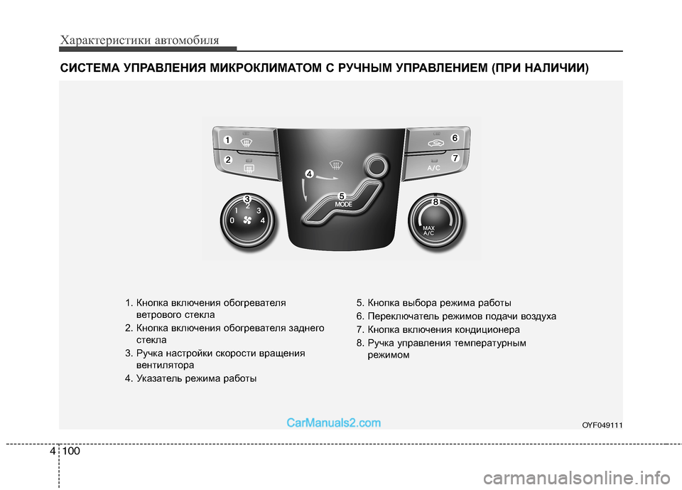 Hyundai Sonata 2011 Инструкция по эксплуатации (in Russian) Характеристики автомобиля
100
4
СИСТЕМА УПРАВЛЕНИЯ МИКРОКЛИМАТОМ С РУЧНЫМ УПРАВЛЕНИЕМ (ПРИ НАЛИЧ ИИ)
1. Кнопка Hyundai Sonata 2011 Инструкция по эксплуатации (in Russian) Характеристики автомобиля
100
4
СИСТЕМА УПРАВЛЕНИЯ МИКРОКЛИМАТОМ С РУЧНЫМ УПРАВЛЕНИЕМ (ПРИ НАЛИЧ ИИ)
1. Кнопка