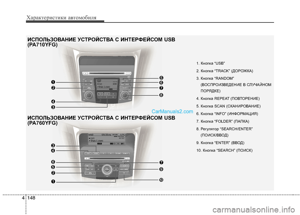 Hyundai Sonata 2011 Инструкция по эксплуатации (in Russian) Характеристики автомобиля
148
4
1. Кнопка “USB”
2. Кнопка “TRACK” (ДОРОЖКА)
3. Кнопка “RANDOM”
(ВОСПРОИЗВЕДЕНИЕ В СЛУЧ Hyundai Sonata 2011 Инструкция по эксплуатации (in Russian) Характеристики автомобиля
148
4
1. Кнопка “USB”
2. Кнопка “TRACK” (ДОРОЖКА)
3. Кнопка “RANDOM”
(ВОСПРОИЗВЕДЕНИЕ В СЛУЧ