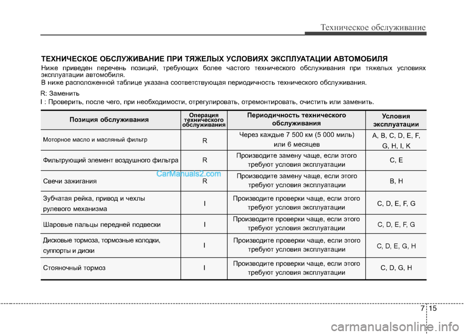Hyundai Sonata 2011 Инструкция по эксплуатации (in Russian) 715
Техническое обслуживание
ТЕХНИЧЕСКОЕ ОБСЛУЖИВАНИЕ ПРИ ТЯЖЕЛЫХ УСЛОВИЯХ ЭКСПЛУАТАЦИИ АВТОМОБИЛЯ
Ниже пр Hyundai Sonata 2011 Инструкция по эксплуатации (in Russian) 715
Техническое обслуживание
ТЕХНИЧЕСКОЕ ОБСЛУЖИВАНИЕ ПРИ ТЯЖЕЛЫХ УСЛОВИЯХ ЭКСПЛУАТАЦИИ АВТОМОБИЛЯ
Ниже пр