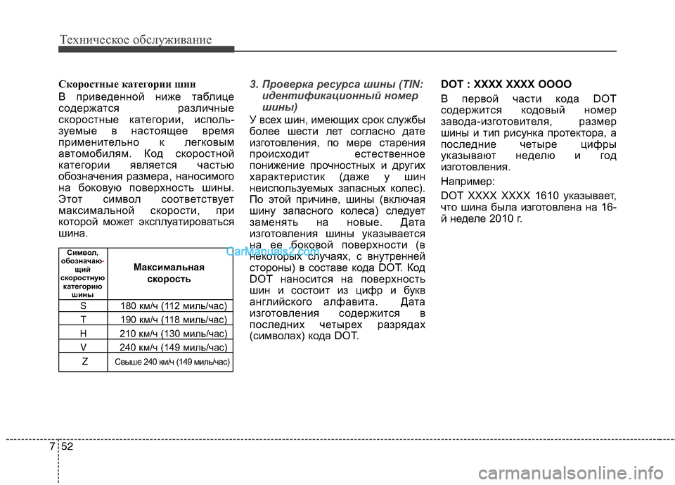 Hyundai Sonata 2011 Инструкция по эксплуатации (in Russian) Техническое обслуживание
52
7
Скоростные категории шин
В приведенной ниже таблице
содержатся различные
скор Hyundai Sonata 2011 Инструкция по эксплуатации (in Russian) Техническое обслуживание
52
7
Скоростные категории шин
В приведенной ниже таблице
содержатся различные
скор
