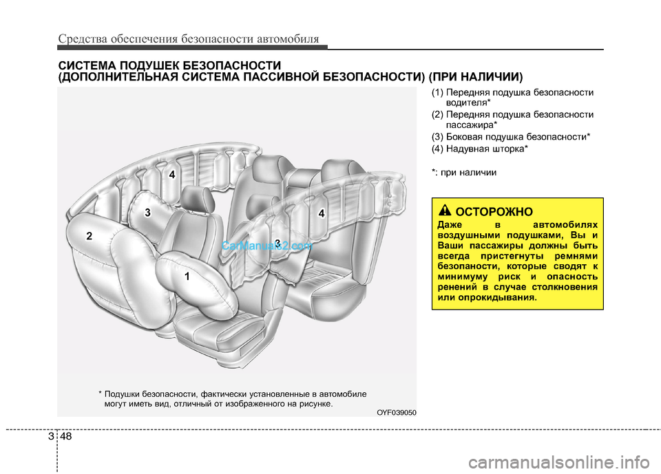 Hyundai Sonata 2011 Инструкция по эксплуатации (in Russian) Средства обеспечения безопасности автомобиля
48
3
(1) Передняя подушка безопасности
водителя*
(2) Передняя поду Hyundai Sonata 2011 Инструкция по эксплуатации (in Russian) Средства обеспечения безопасности автомобиля
48
3
(1) Передняя подушка безопасности
водителя*
(2) Передняя поду