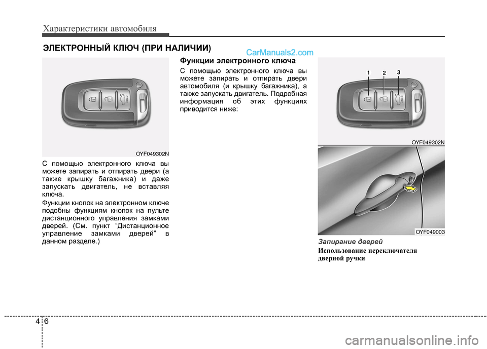 Hyundai Sonata 2011 Инструкция по эксплуатации (in Russian) Характеристики автомобиля
6
4
С помощью электронного ключа вы
можете запирать и отпирать двери (а
также крышк Hyundai Sonata 2011 Инструкция по эксплуатации (in Russian) Характеристики автомобиля
6
4
С помощью электронного ключа вы
можете запирать и отпирать двери (а
также крышк