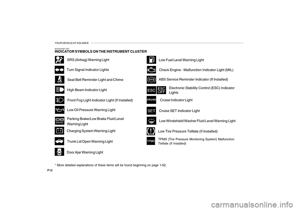 Hyundai Sonata 2010  Owners Manual YOUR VEHICLE AT A GLANCE
F12
B255A02NF-AATINDICATOR SYMBOLS ON THE INSTRUMENT CLUSTER
High Beam Indicator Light
Door Ajar Warning LightSeat Belt Reminder Light and ChimeTurn Signal Indicator Lights
AB