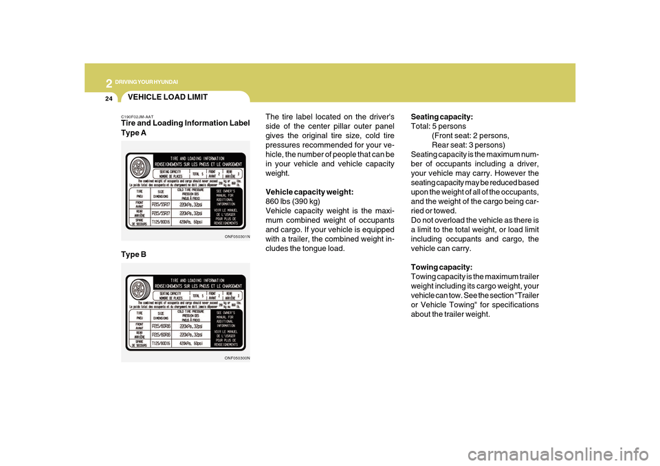 Hyundai Sonata 2010  Owners Manual 2
DRIVING YOUR HYUNDAI
24
The tire label located on the drivers
side of the center pillar outer panel
gives the original tire size, cold tire
pressures recommended for your ve-
hicle, the number of p