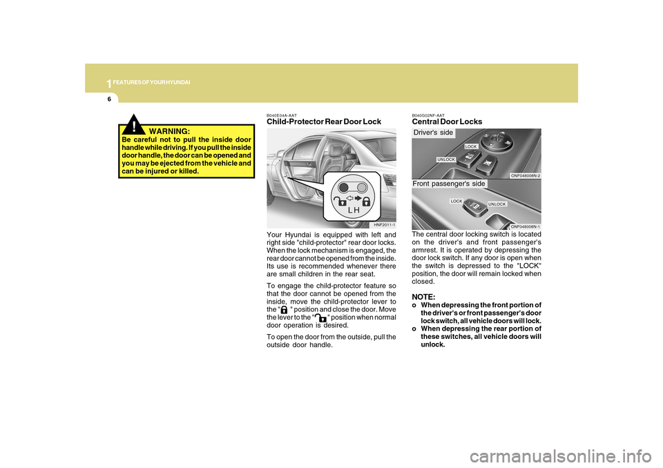 Hyundai Sonata 1FEATURES OF YOUR HYUNDAI6
ONF048008N-2ONF048008N-1
Drivers sideFront passengers side
B040E04A-AATChild-Protector Rear Door LockYour Hyundai is equipped with left and
right side "child-protector" re
