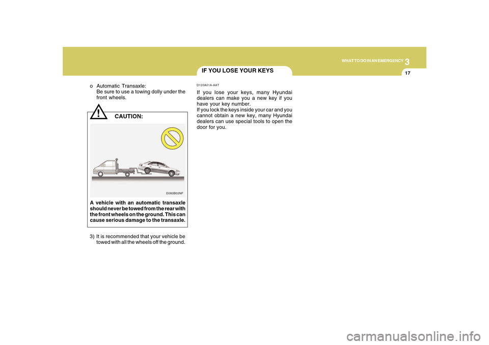 Hyundai Sonata 3
WHAT TO DO IN AN EMERGENCY
17
!
D080B02NF
   CAUTION:
o Automatic Transaxle:
Be sure to use a towing dolly under the
front wheels.
A vehicle with an automatic transaxle
should never be towed from th