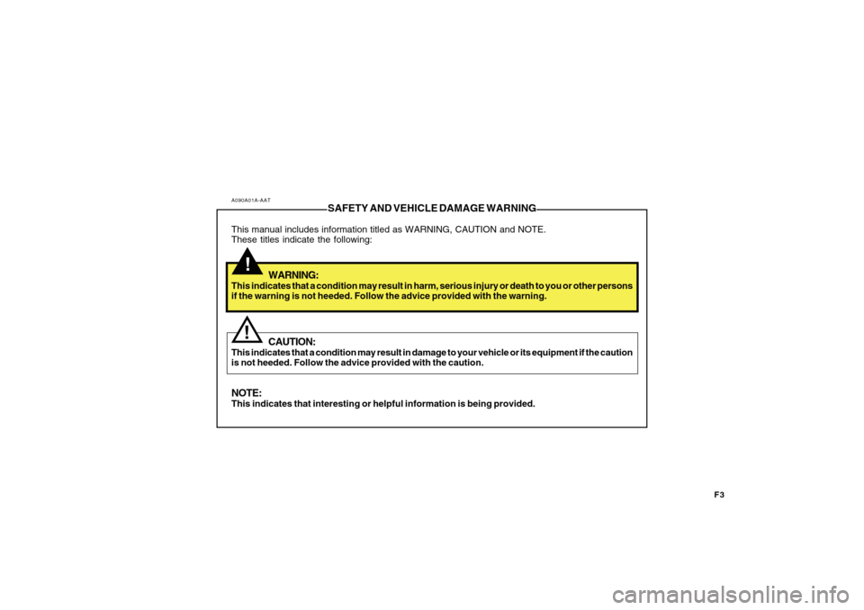 Hyundai Sonata F3
A090A01A-AAT
SAFETY AND VEHICLE DAMAGE WARNING
This manual includes information titled as WARNING, CAUTION and NOTE.
These titles indicate the following:
WARNING:
This indicates that a condition ma