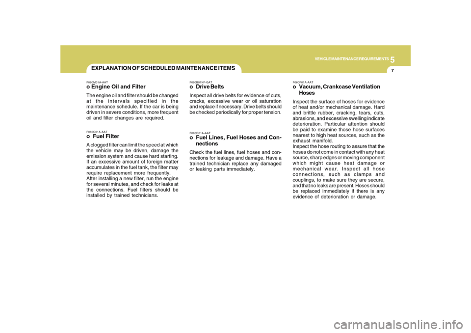 Hyundai Sonata 5
VEHICLE MAINTENANCE REQUIREMENTS
7
F060D01A-AATo Fuel Lines, Fuel Hoses and Con-
nectionsCheck the fuel lines, fuel hoses and con-
nections for leakage and damage. Have a
trained technician replace 