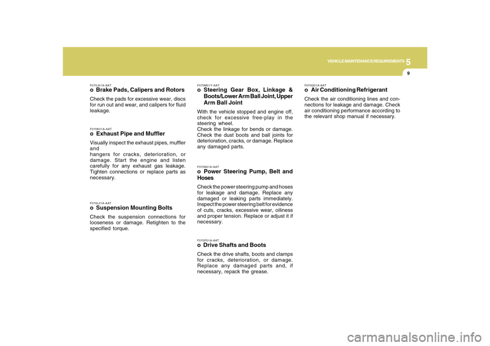 Hyundai Sonata 5
VEHICLE MAINTENANCE REQUIREMENTS
9
F070L01A-AATo  Suspension Mounting BoltsCheck the suspension connections for
looseness or damage. Retighten to the
specified torque.F070K01A-AATo  Exhaust Pipe and