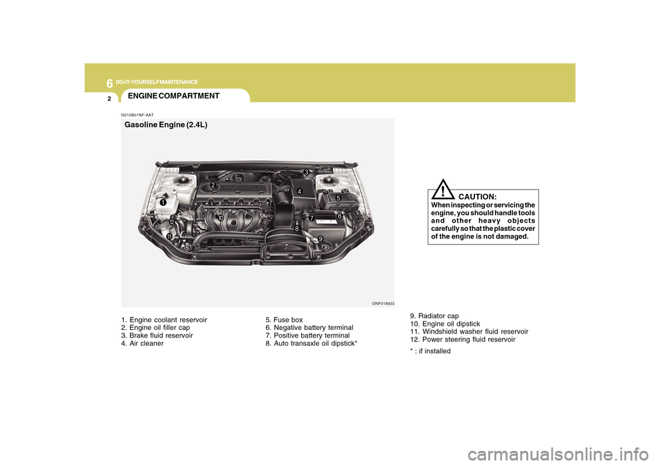 Hyundai Sonata 6
DO-IT-YOURSELF MAINTENANCE
2
G010B01NF-AATENGINE COMPARTMENT
ONF018003
CAUTION:
When inspecting or servicing the
engine, you should handle tools
and other heavy objects
carefully so that the plas Hyundai Sonata 6
DO-IT-YOURSELF MAINTENANCE
2
G010B01NF-AATENGINE COMPARTMENT
ONF018003
CAUTION:
When inspecting or servicing the
engine, you should handle tools
and other heavy objects
carefully so that the plas