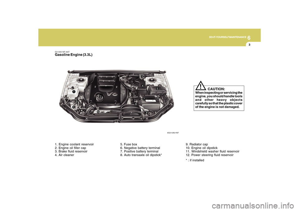 Hyundai Sonata 6
DO-IT-YOURSELF MAINTENANCE
3
8G010A01NF
G010A01NF-AATGasoline Engine (3.3L)
CAUTION:
When inspecting or servicing the
engine, you should handle tools
and other heavy objects
carefully so that the Hyundai Sonata 6
DO-IT-YOURSELF MAINTENANCE
3
8G010A01NF
G010A01NF-AATGasoline Engine (3.3L)
CAUTION:
When inspecting or servicing the
engine, you should handle tools
and other heavy objects
carefully so that the