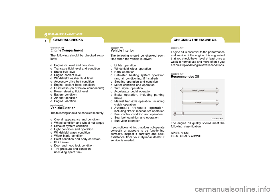 Hyundai Sonata 6
DO-IT-YOURSELF MAINTENANCE
4
G020C01A-AATVehicle InteriorThe following should be checked each
time when the vehicle is driven:
o Lights operation
o Windshield wiper operation
o Horn operation
o Defr