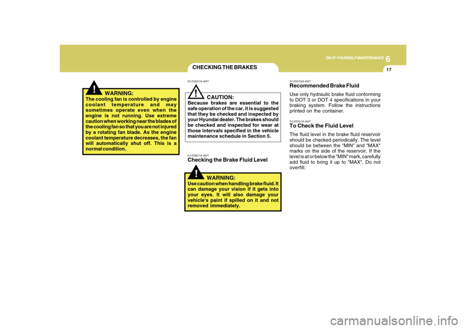 Hyundai Sonata 6
DO-IT-YOURSELF MAINTENANCE
17
CHECKING THE BRAKES!
G120B01A-AATChecking the Brake Fluid Level
   WARNING:Use caution when handling brake fluid. It
can damage your vision if it gets into
your eyes. I