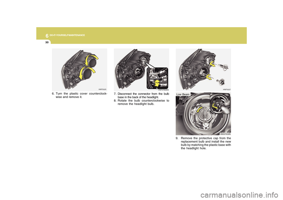 Hyundai Sonata 6
DO-IT-YOURSELF MAINTENANCE
30
HNF5027
9. Remove the protective cap from the
replacement bulb and install the new
bulb by matching the plastic base with
the headlight hole.Low Beam
OMG075038N
HNF5025 Hyundai Sonata 6
DO-IT-YOURSELF MAINTENANCE
30
HNF5027
9. Remove the protective cap from the
replacement bulb and install the new
bulb by matching the plastic base with
the headlight hole.Low Beam
OMG075038N
HNF5025