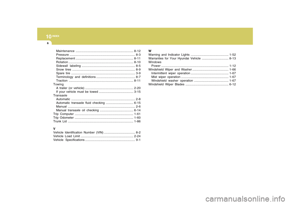 Hyundai Sonata 10
INDEX
6
Maintenance...................................................................8-12
Pressure............................................................................ 8-3
Replacement......