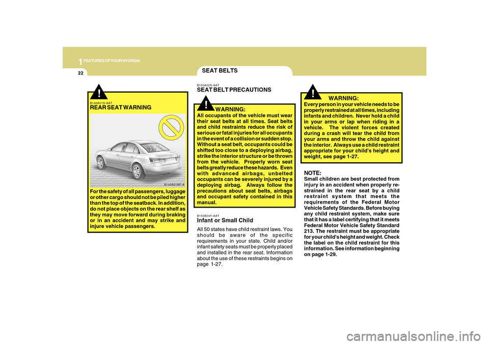 Hyundai Sonata 1FEATURES OF YOUR HYUNDAI22
SEAT BELTSB150B04Y-AATInfant or Small ChildAll 50 states have child restraint laws. You
should be aware of the specific
requirements in your state. Child and/or
infant safe