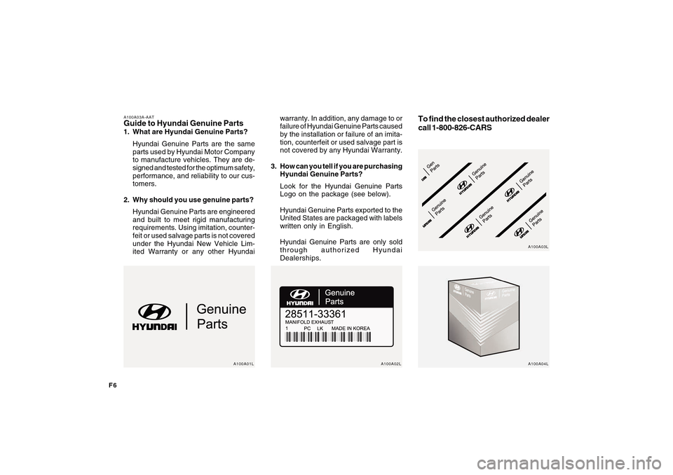 Hyundai Sonata F6
A100A03A-AATGuide to Hyundai Genuine Parts1. What are Hyundai Genuine Parts?
Hyundai Genuine Parts are the same
parts used by Hyundai Motor Company
to manufacture vehicles. They are de-
signed and Hyundai Sonata F6
A100A03A-AATGuide to Hyundai Genuine Parts1. What are Hyundai Genuine Parts?
Hyundai Genuine Parts are the same
parts used by Hyundai Motor Company
to manufacture vehicles. They are de-
signed and