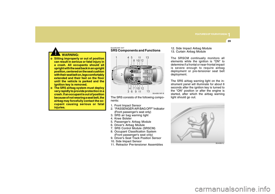 Hyundai Sonata 1
FEATURES OF YOUR HYUNDAI
39
12. Side Impact Airbag Module
13. Curtain Airbag Module
The SRSCM continually monitors all
elements while the ignition is "ON" to
determine if a frontal or near-frontal i Hyundai Sonata 1
FEATURES OF YOUR HYUNDAI
39
12. Side Impact Airbag Module
13. Curtain Airbag Module
The SRSCM continually monitors all
elements while the ignition is "ON" to
determine if a frontal or near-frontal i