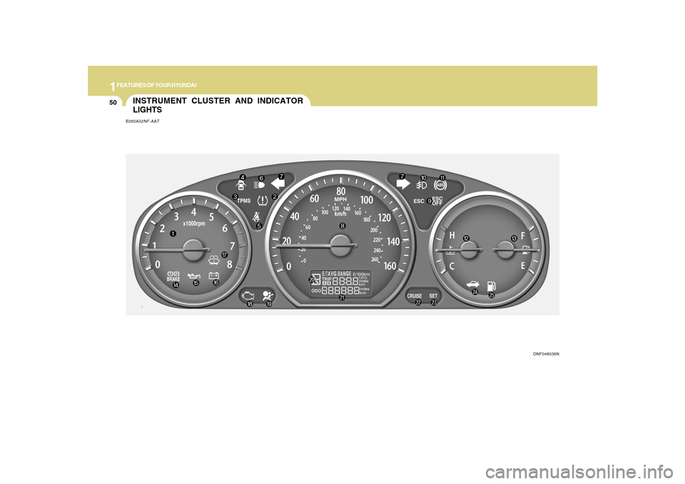 Hyundai Sonata 1FEATURES OF YOUR HYUNDAI50
INSTRUMENT CLUSTER AND INDICATOR
LIGHTSB260A02NF-AAT
ONF048038N Hyundai Sonata 1FEATURES OF YOUR HYUNDAI50
INSTRUMENT CLUSTER AND INDICATOR
LIGHTSB260A02NF-AAT
ONF048038N