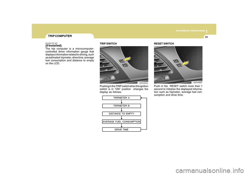 Hyundai Sonata 1
FEATURES OF YOUR HYUNDAI
61
Pushing in the TRIP switch when the ignition
switch is in "ON" position  changes the
display as follows;
ONF048049
TRIP SWITCH RESET SWITCH
Push in the  RESET switch more