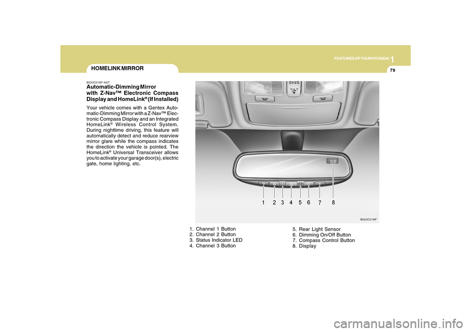 Hyundai Sonata 1
FEATURES OF YOUR HYUNDAI
79
HOMELINK MIRRORB520C01NF-AATAutomatic-Dimming Mirror
with Z-Nav™ Electronic Compass
Display and HomeLink
® (If Installed)
Your vehicle comes with a Gentex Auto-
matic- Hyundai Sonata 1
FEATURES OF YOUR HYUNDAI
79
HOMELINK MIRRORB520C01NF-AATAutomatic-Dimming Mirror
with Z-Nav™ Electronic Compass
Display and HomeLink
® (If Installed)
Your vehicle comes with a Gentex Auto-
matic-