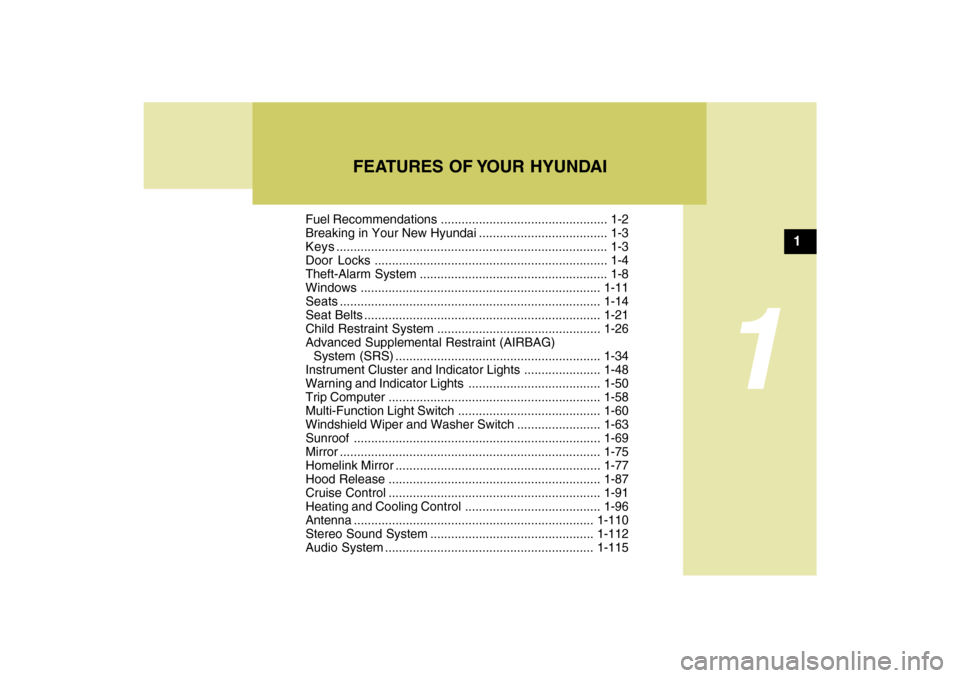 Hyundai Sonata 1
Fuel Recommendations ................................................ 1-2
Breaking in Your New Hyundai ..................................... 1-3
Keys.................................................