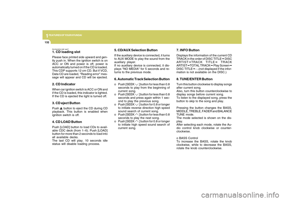 Hyundai Sonata 1FEATURES OF YOUR HYUNDAI
132
PA760SD01NF-AAT1. CD loading slotPlease face printed side upward and gen-
tly push in. When the ignition switch is on
ACC or ON and power is off, power is
automatically t
