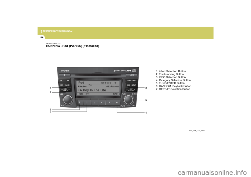 Hyundai Sonata 1FEATURES OF YOUR HYUNDAI
138
PA760SG01NF-AATRUNNING i-Pod (PA760S) (If Installed)
NFF_USA_CDC_IPOD
1. i-Pod Selection Button
2. Track moving Button
3. INFO Selection Button
4. Category Selection But Hyundai Sonata 1FEATURES OF YOUR HYUNDAI
138
PA760SG01NF-AATRUNNING i-Pod (PA760S) (If Installed)
NFF_USA_CDC_IPOD
1. i-Pod Selection Button
2. Track moving Button
3. INFO Selection Button
4. Category Selection But